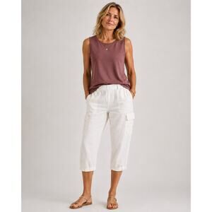 Eileen Fisher White 100% Organic Linen Crop Cargo Pants Lagenlook Womens 14